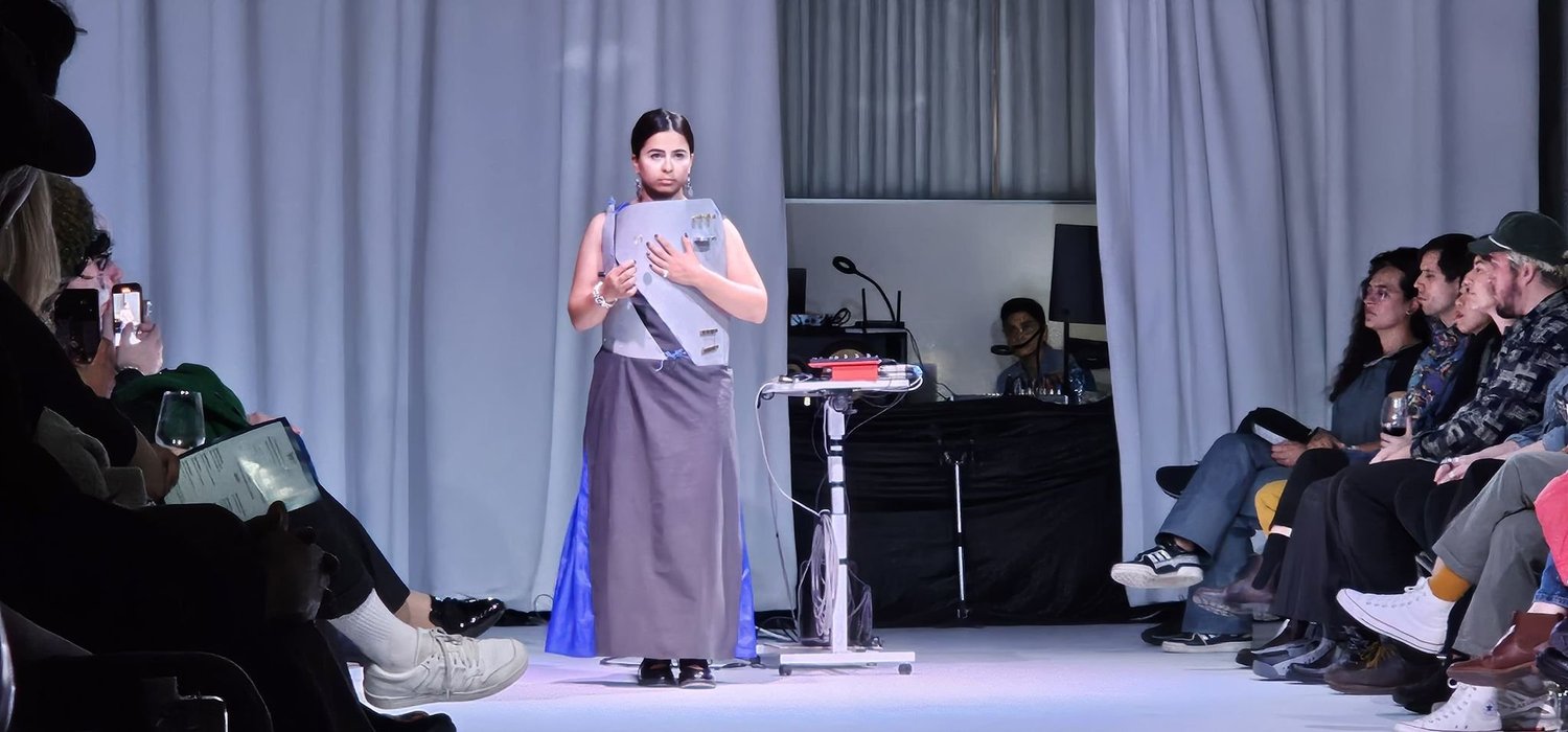 A performer exploring a textile-based instrument.